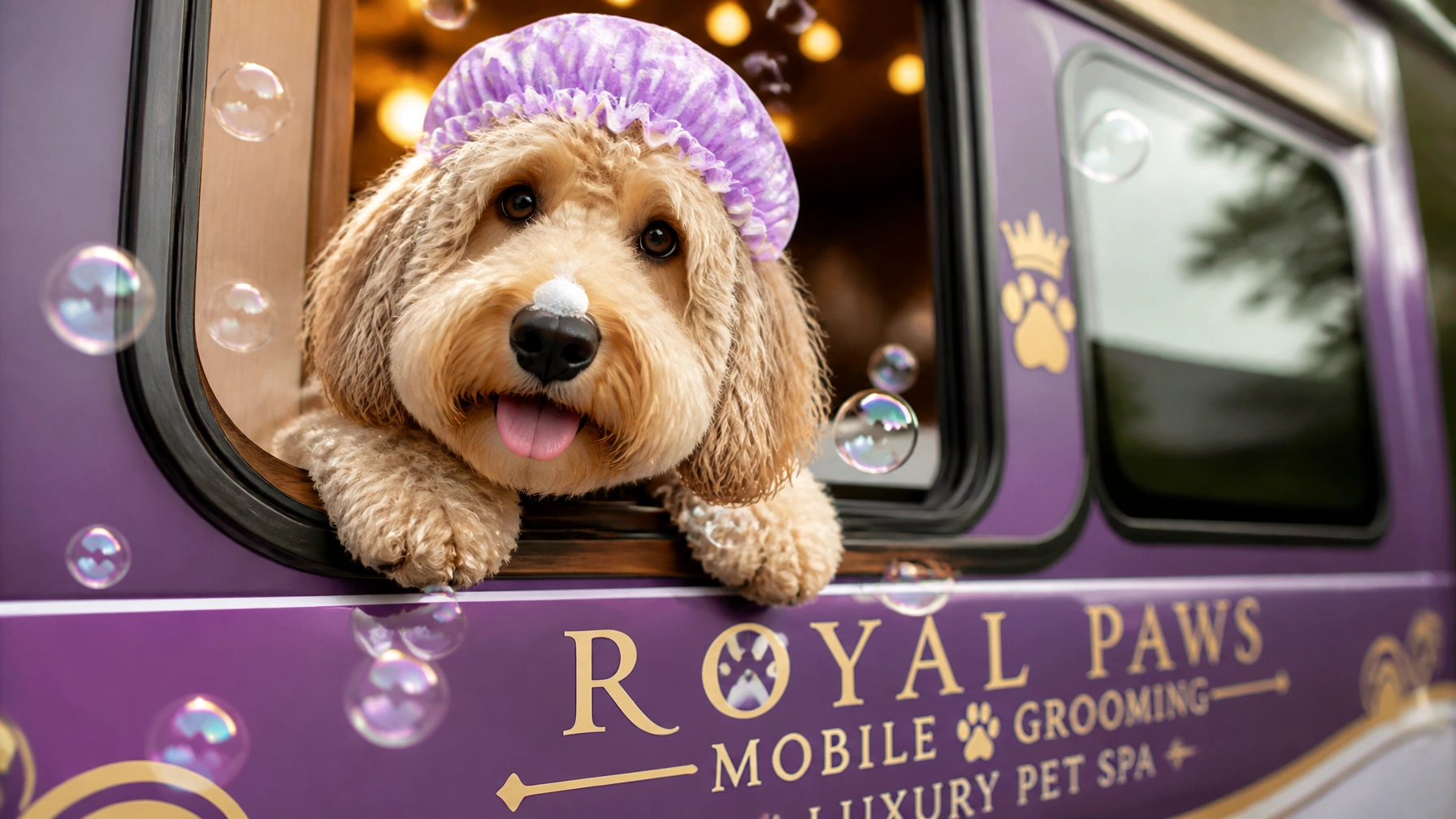 Fluffy doodle peeking out of a mobile grooming van with bubbles on its nose