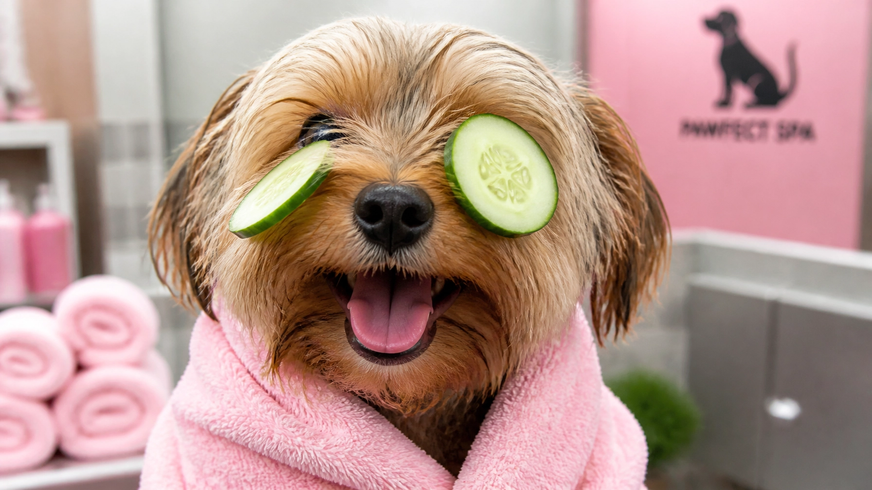 Small dog in a funny spa moment with slipping cucumber slices and a fluffy towel