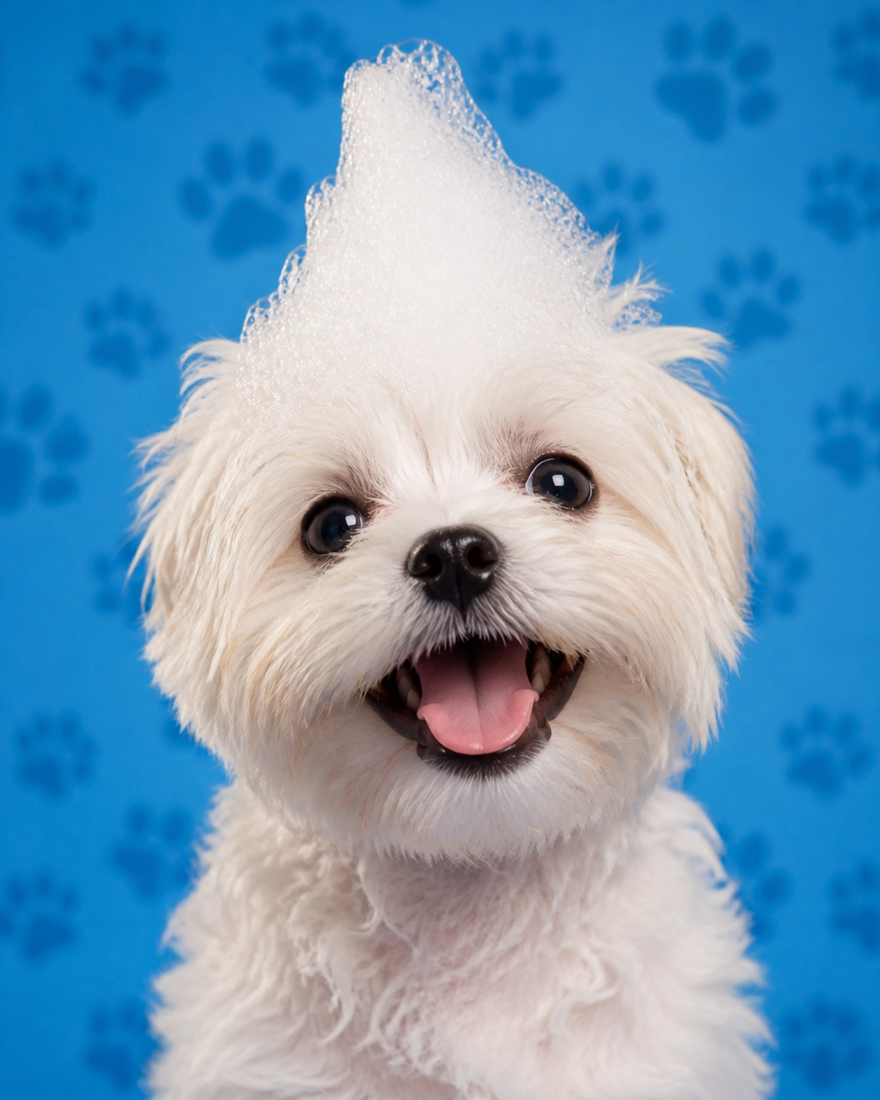 Humorous white pup with a soap-bubble mohawk grinning during a grooming session.