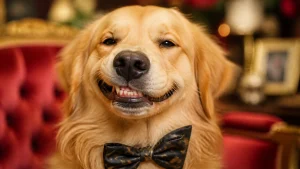 Pampered golden retriever giving a silly grin with a slightly crooked bow tie