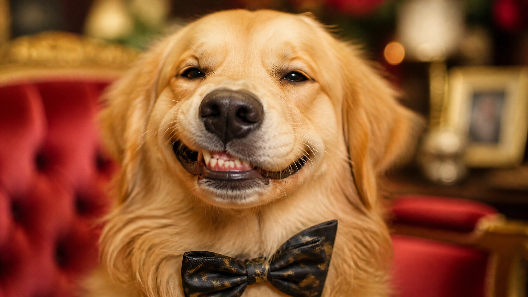 Pampered golden retriever giving a silly grin with a slightly crooked bow tie