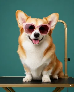 A funny, majestic Corgi wearing pink sunglasses on a grooming table, looking cool and pampered.