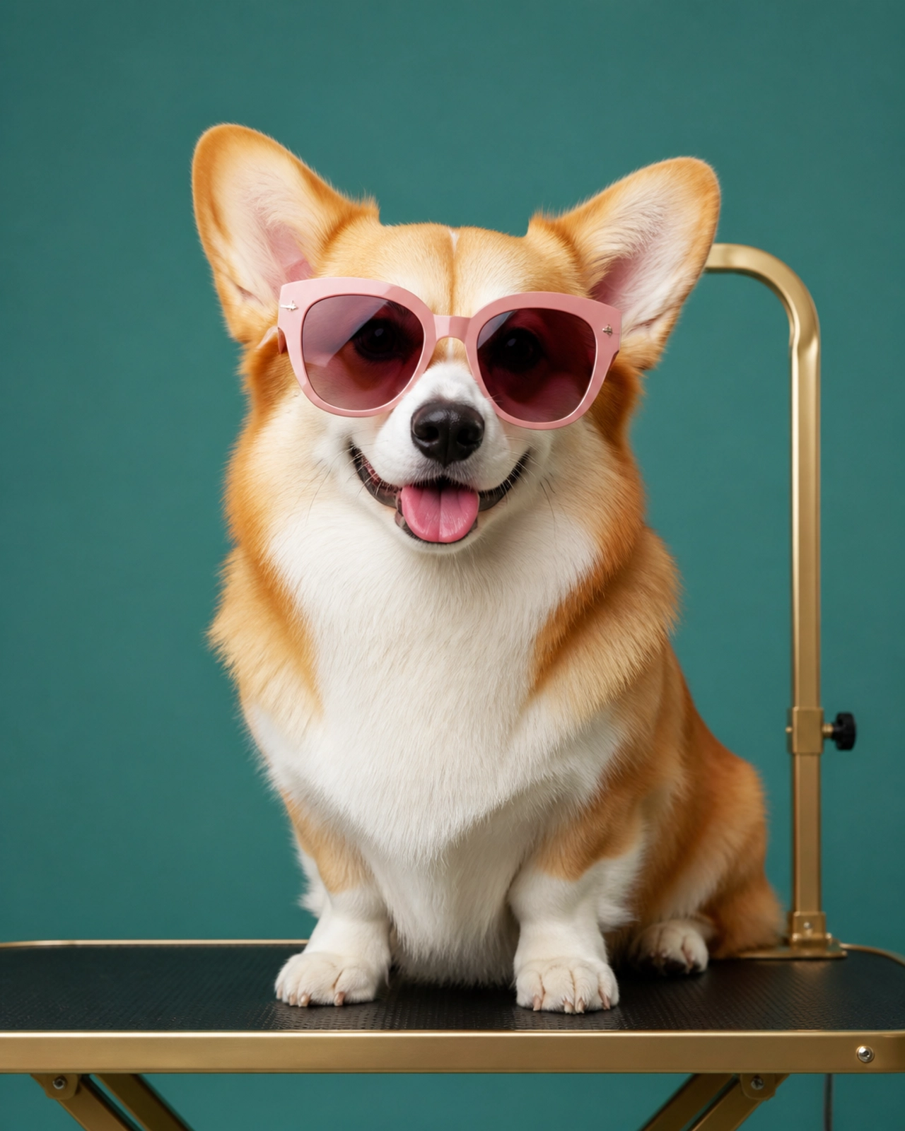 A funny, majestic Corgi wearing pink sunglasses on a grooming table, looking cool and pampered.