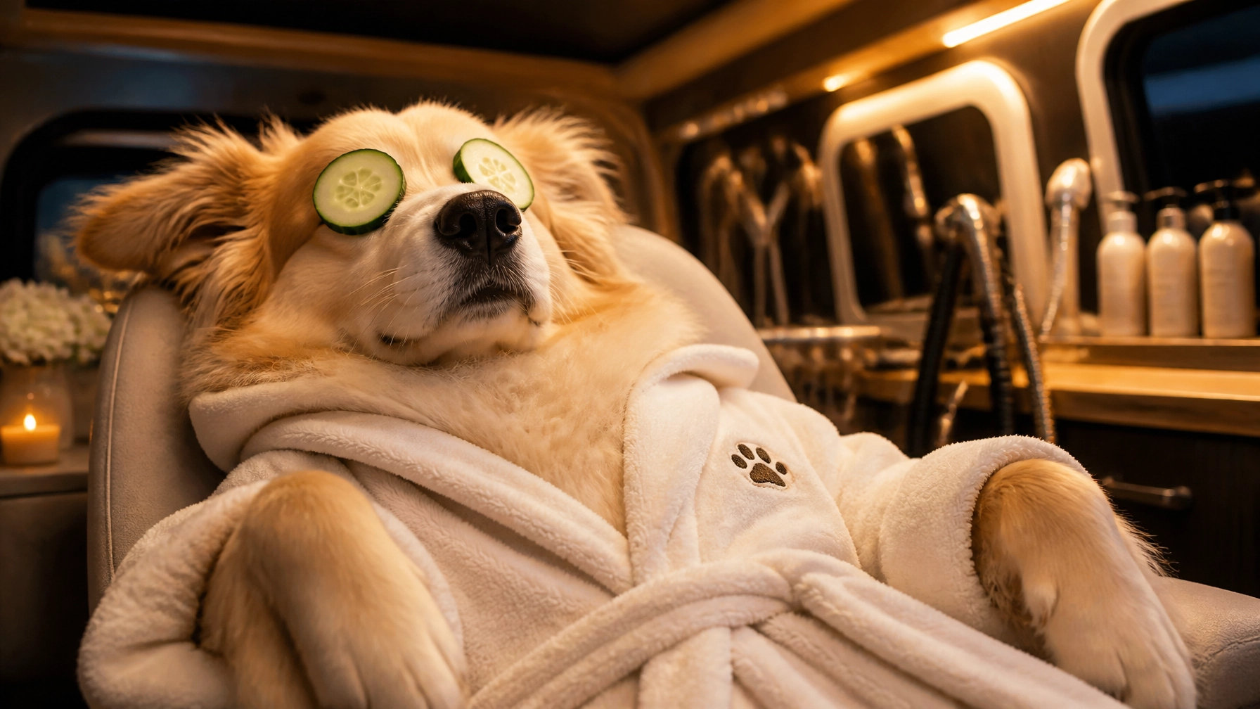 A relaxed dog with cucumber slices over its eyes lounging in a mobile pet spa.