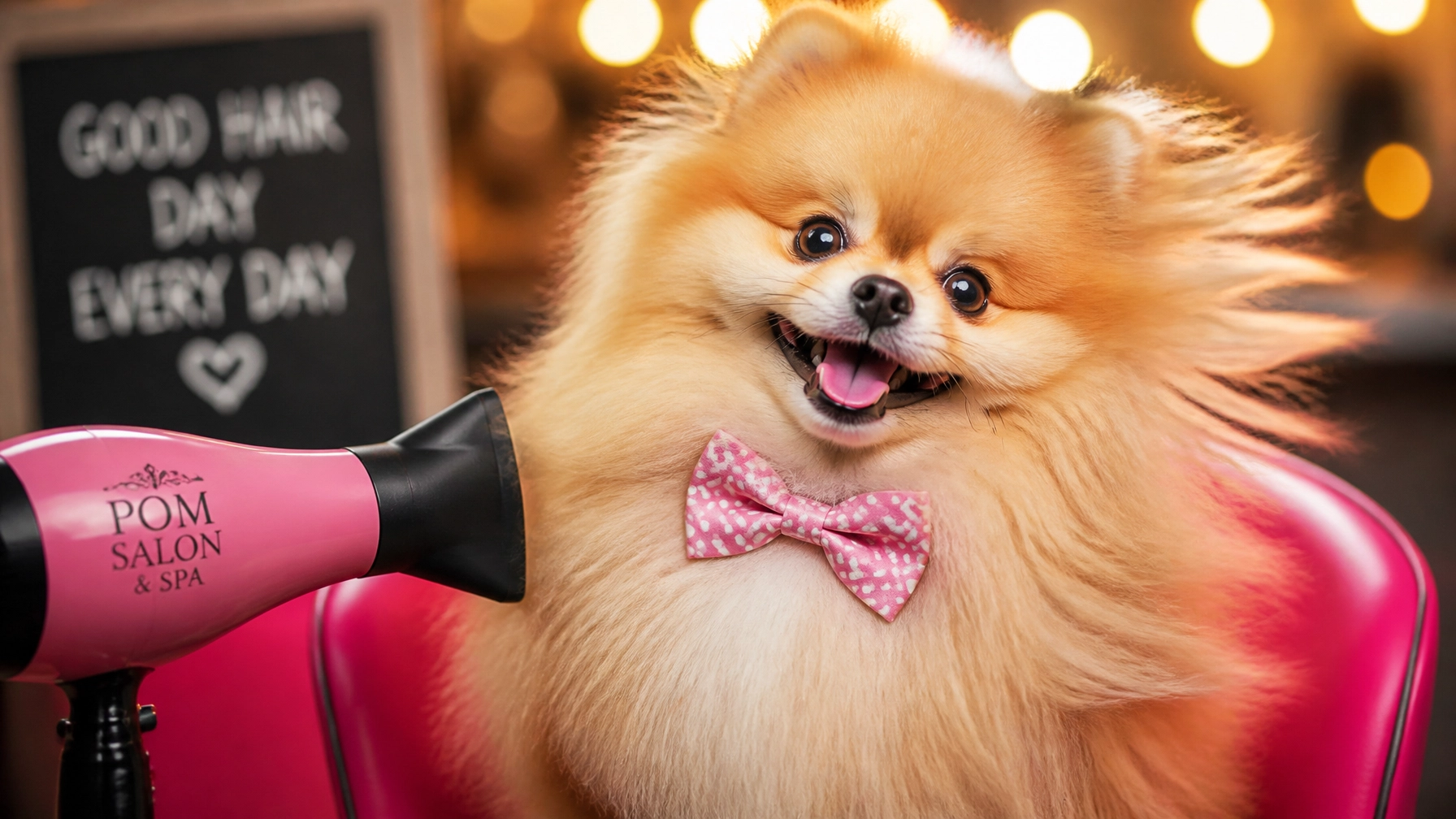 Extra-fluffy Pomeranian smiling like a comedy glam shot after grooming