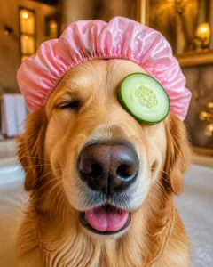 A silly Golden Retriever wearing a pink shower cap and a cucumber slice over one eye