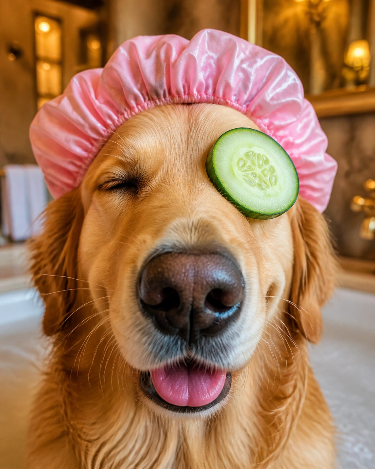 A silly Golden Retriever wearing a pink shower cap and a cucumber slice over one eye