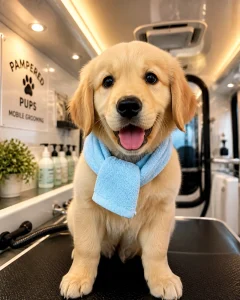 A happy Golden Retriever puppy relaxing in a cool, air-conditioned mobile grooming van