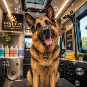 A playful large German Shepherd sitting in a sparkling clean, state-of-the-art mobile grooming van with fluffy soap bubbles
