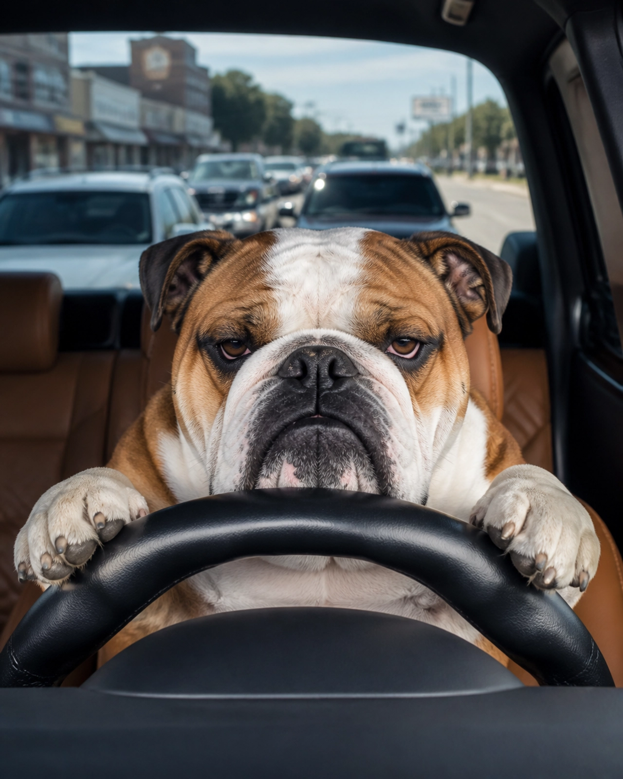 A grumpy Bulldog sitting in the driver's seat of a luxury SUV, looking frustrated by North Texas traffic
