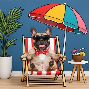 Funny illustration of a dog relaxing in a beach chair inside a cool room