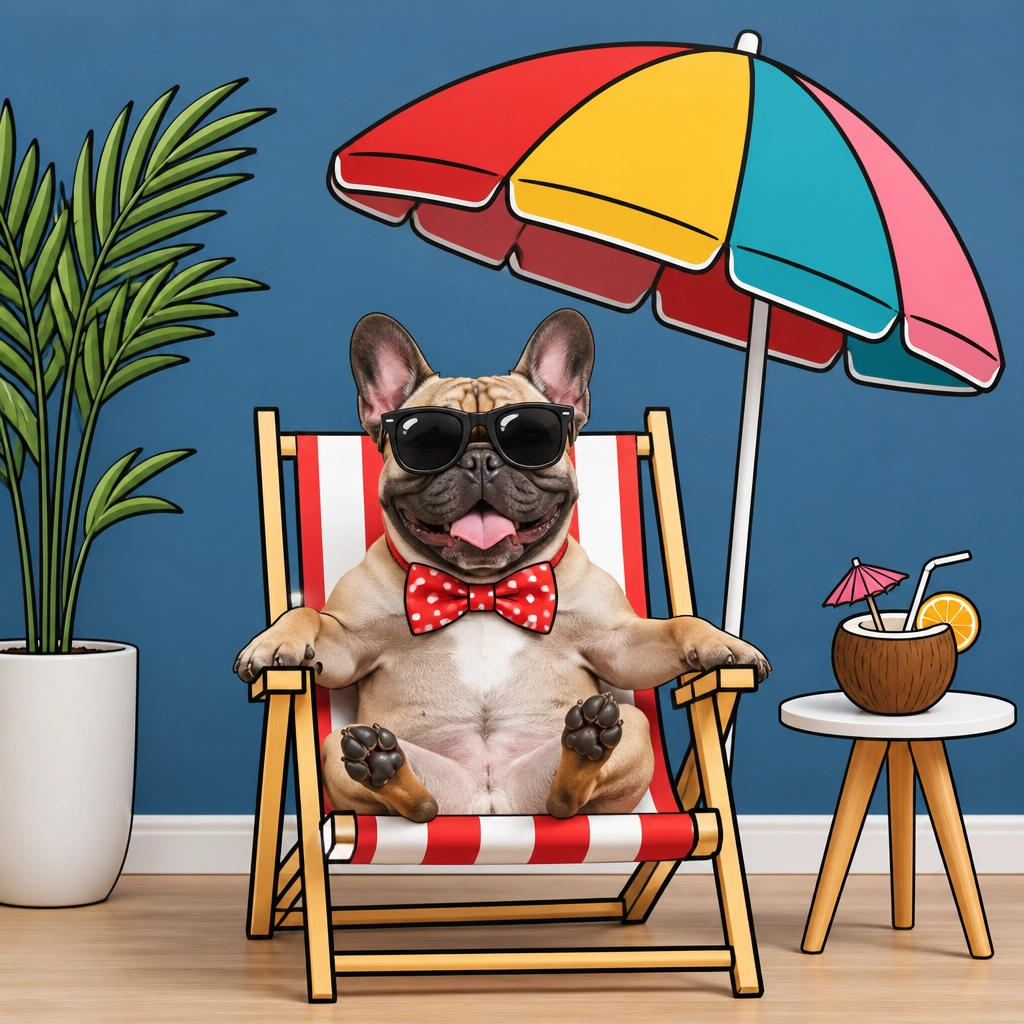 Funny illustration of a dog relaxing in a beach chair inside a cool room