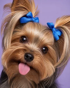 A silly Yorkie with blue bows sticking its tongue out, showing off a professional groom