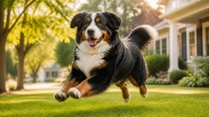 A happy, freshly groomed large dog leaping joyfully across a sunlit green lawn