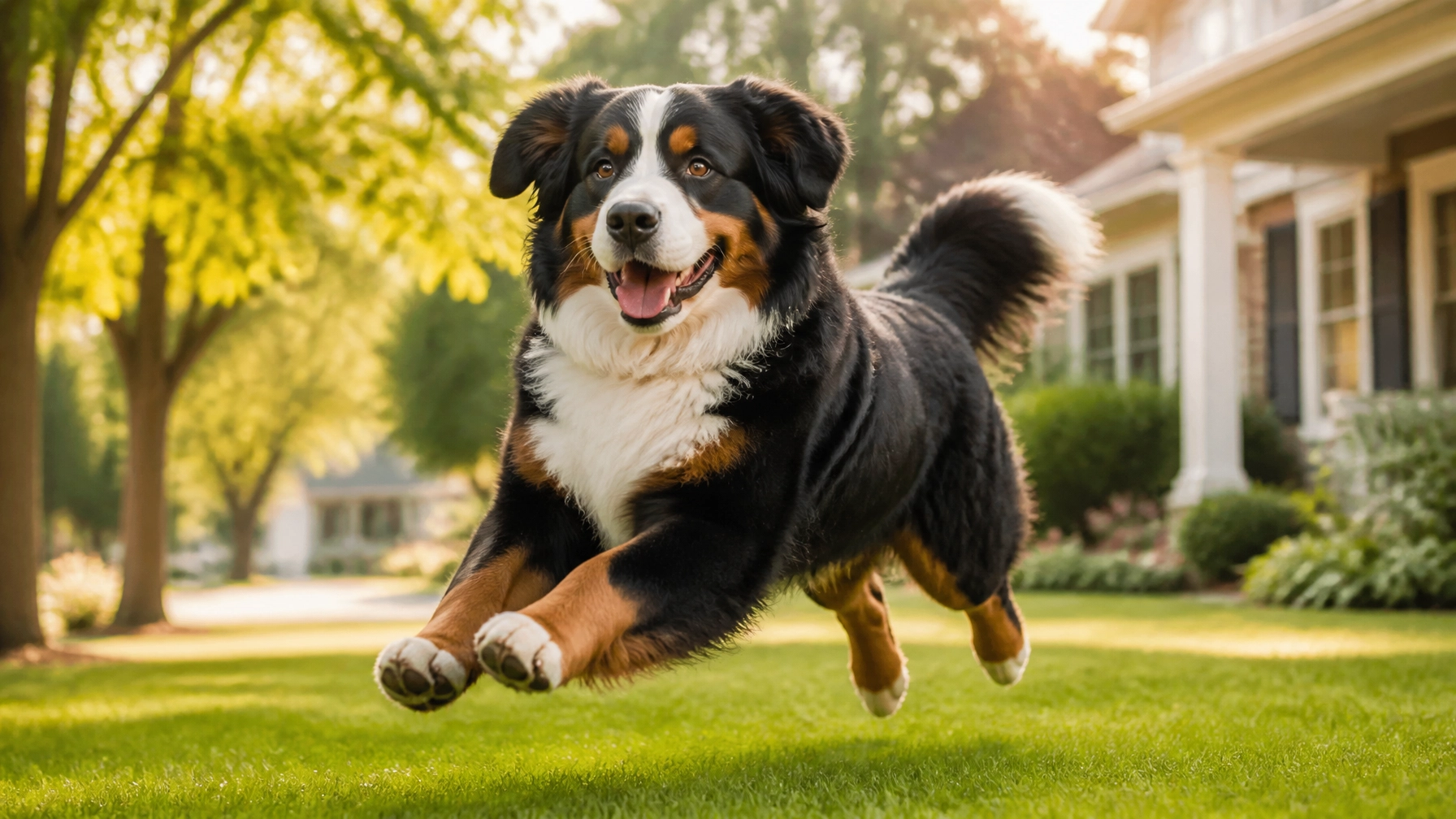 A happy, freshly groomed large dog leaping joyfully across a sunlit green lawn