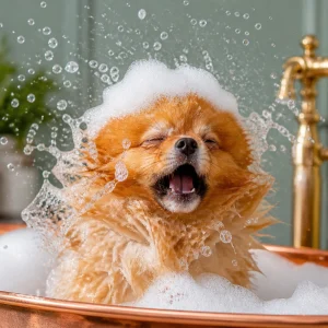 A funny close-up photo of a dog mid-sneeze during bath time, with soap bubbles flying everywhere and a wildly surprised expression.