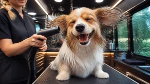 A dog getting a gentle blow dry with its ears flapping in the wind inside a luxury mobile grooming van