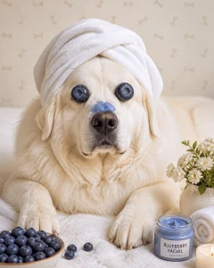 A Great Pyrenees enjoying a blueberry facial with actual blueberries on its eyes