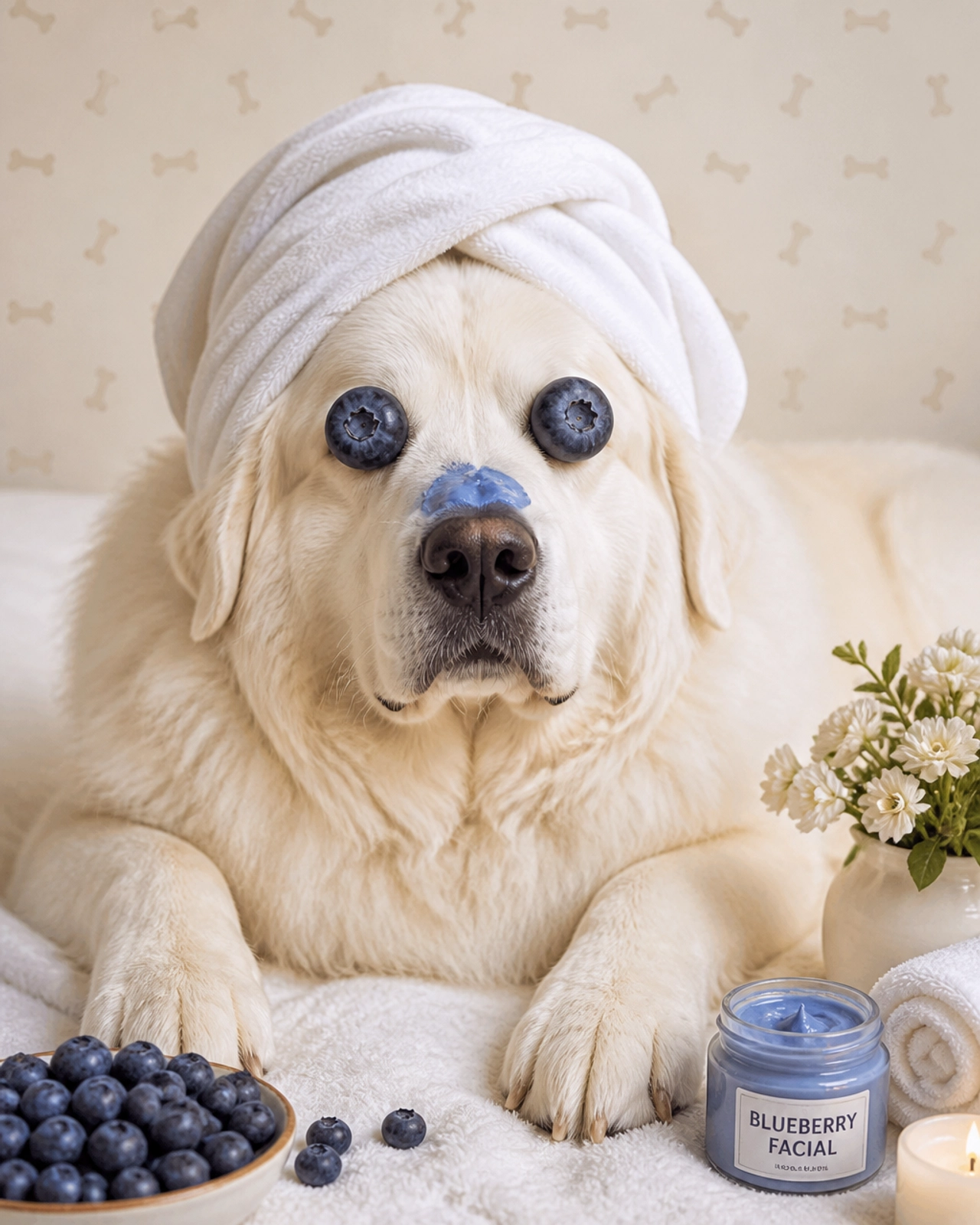 A Great Pyrenees enjoying a blueberry facial with actual blueberries on its eyes