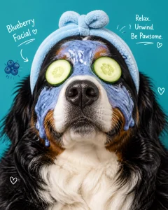 A large Bernese Mountain Dog receiving a 'blueberry facial' with harmless blue foam and cucumber slices on its eyes, looking incredibly relaxed against a muted teal background.
