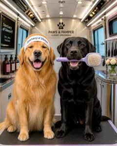 A Golden Retriever and a Black Lab sitting side-by-side in a luxury grooming van, one wearing a spa headband and the other holding a grooming brush, looking extremely happy.