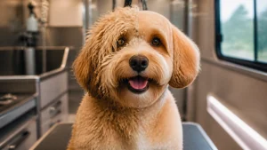 A fluffy dog looking relieved and happy after a groom in a funny before-and-after style shot