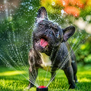 A funny close-up of a French Bulldog with a determined expression trying to catch water from a garden sprinkler, with water splashing everywhere except into its mouth.