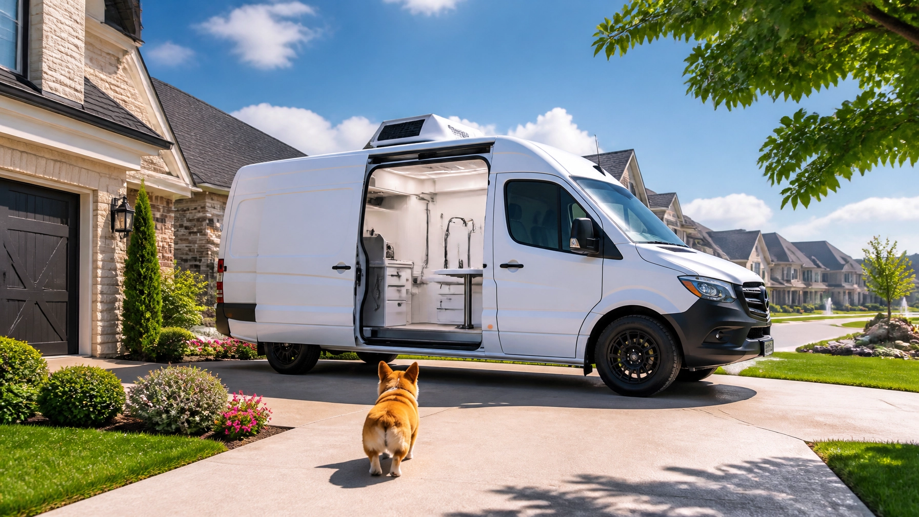 Mobile grooming van parked in a beautiful Prosper neighborhood driveway