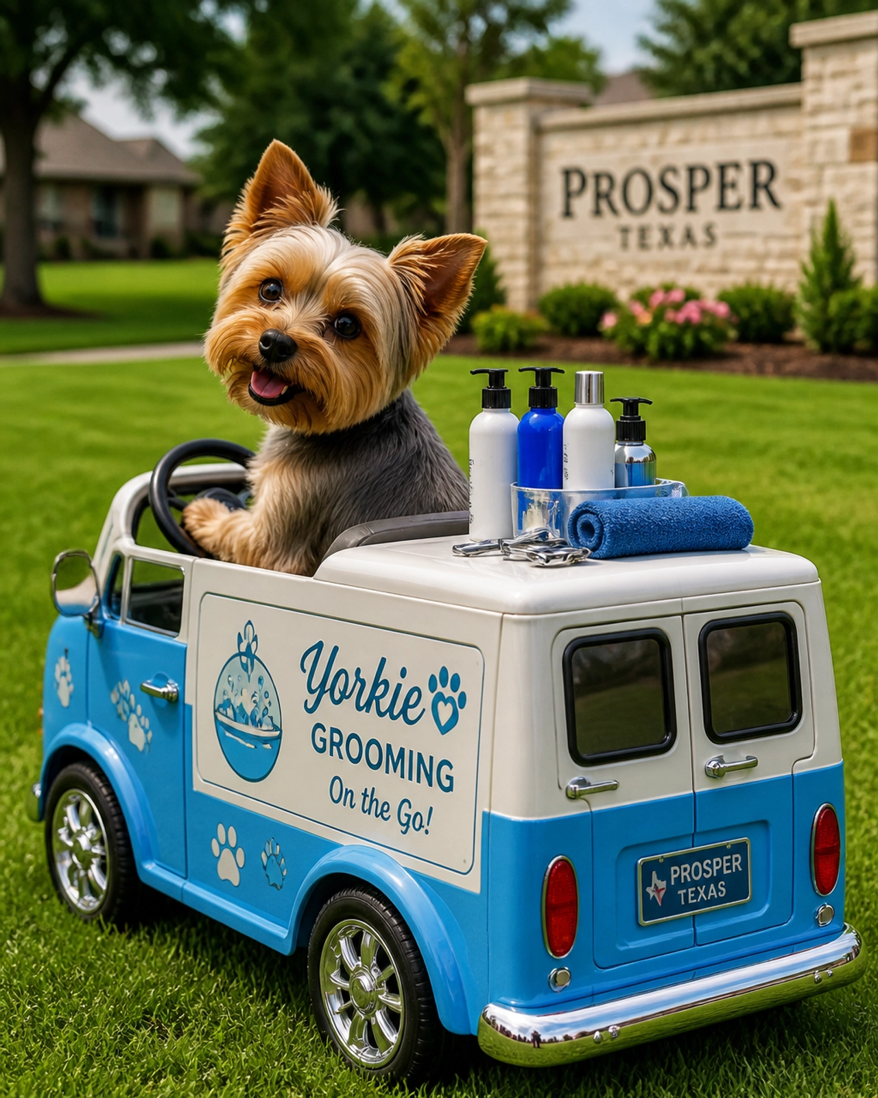 A tiny Yorkie 'driving' a toy car that looks like a miniature grooming van on a lush green lawn.