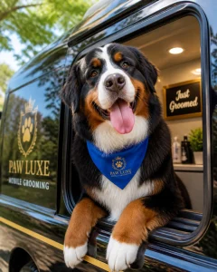 A happy Bernese Mountain Dog smiling out of a grooming van window