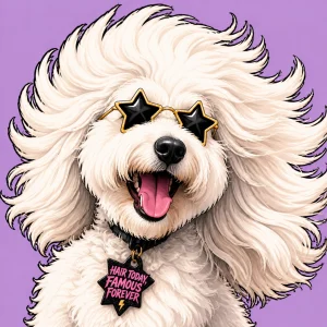 A fluffy dog looking like a rockstar after a blowout
