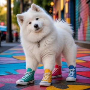 A fluffy Samoyed dog looking slightly confused but proud, wearing four different colored, oversized high-top sneakers on its paws while standing on a colorful, stylized sidewalk.