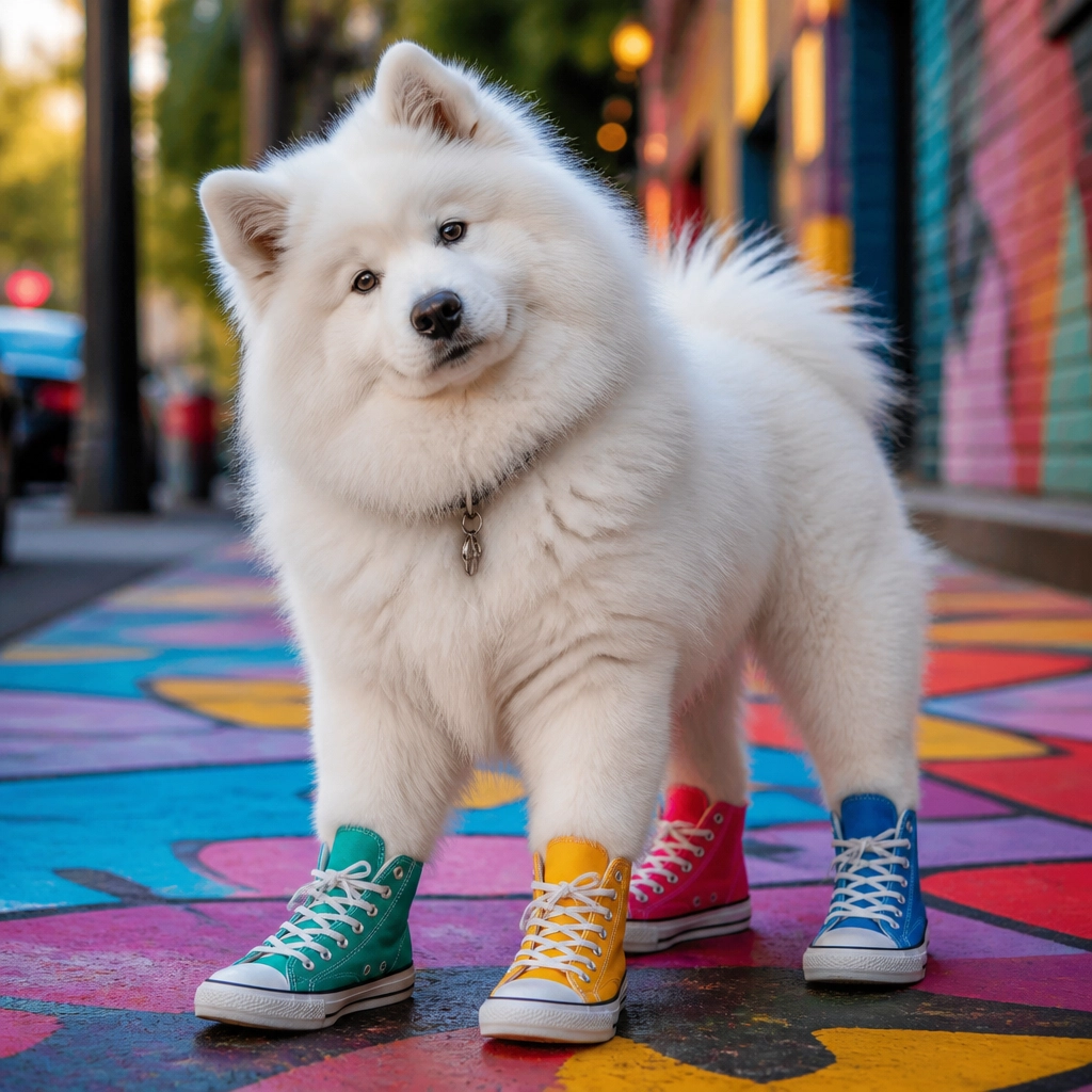 A fluffy Samoyed dog looking slightly confused but proud, wearing four different colored, oversized high-top sneakers on its paws while standing on a colorful, stylized sidewalk.