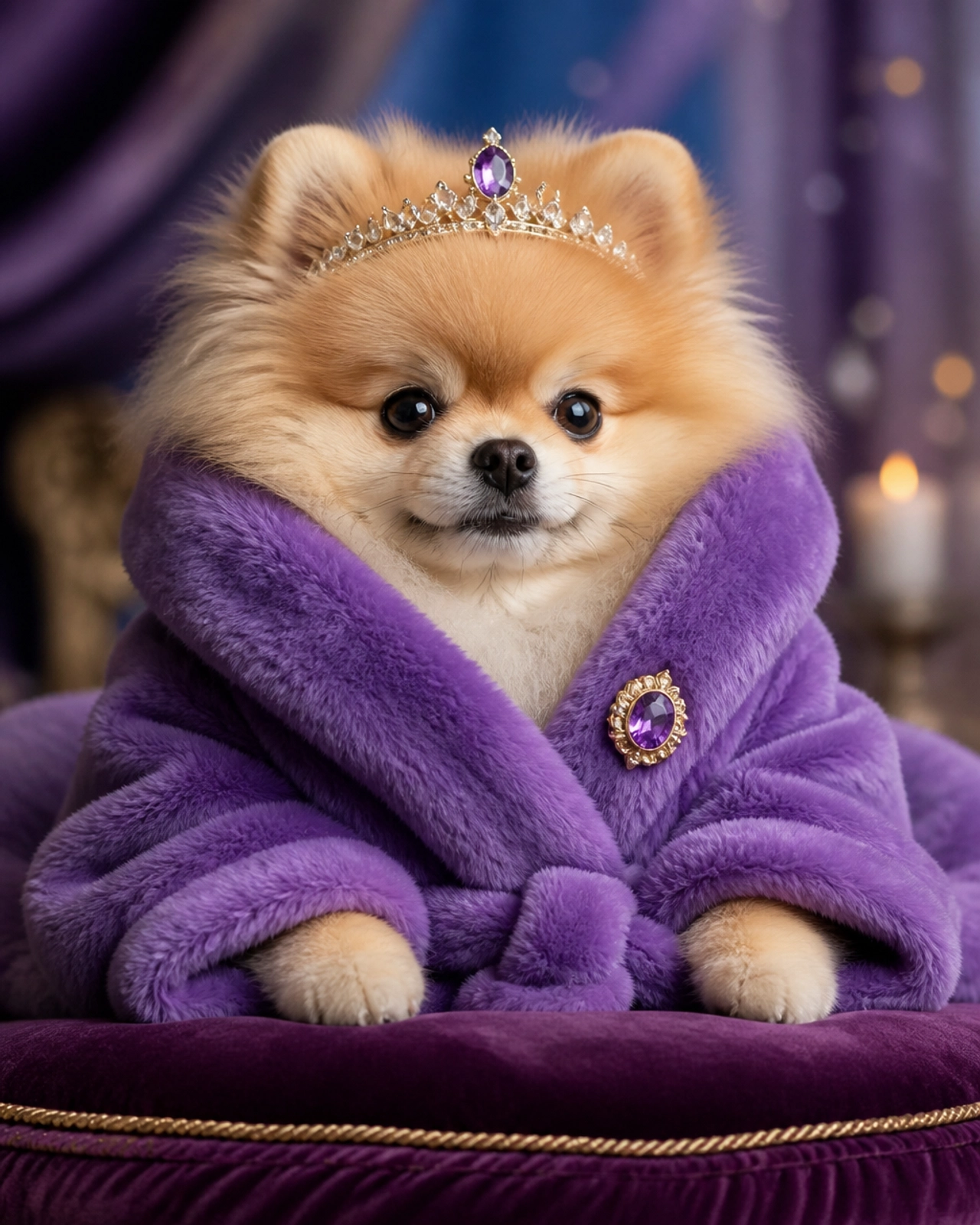 A regal Pomeranian wrapped in a plush purple bathrobe with a tiny crown, looking like royalty