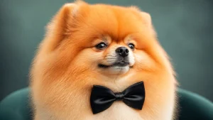 A proud Pomeranian with a perfectly coiffed mane and a tiny bowtie