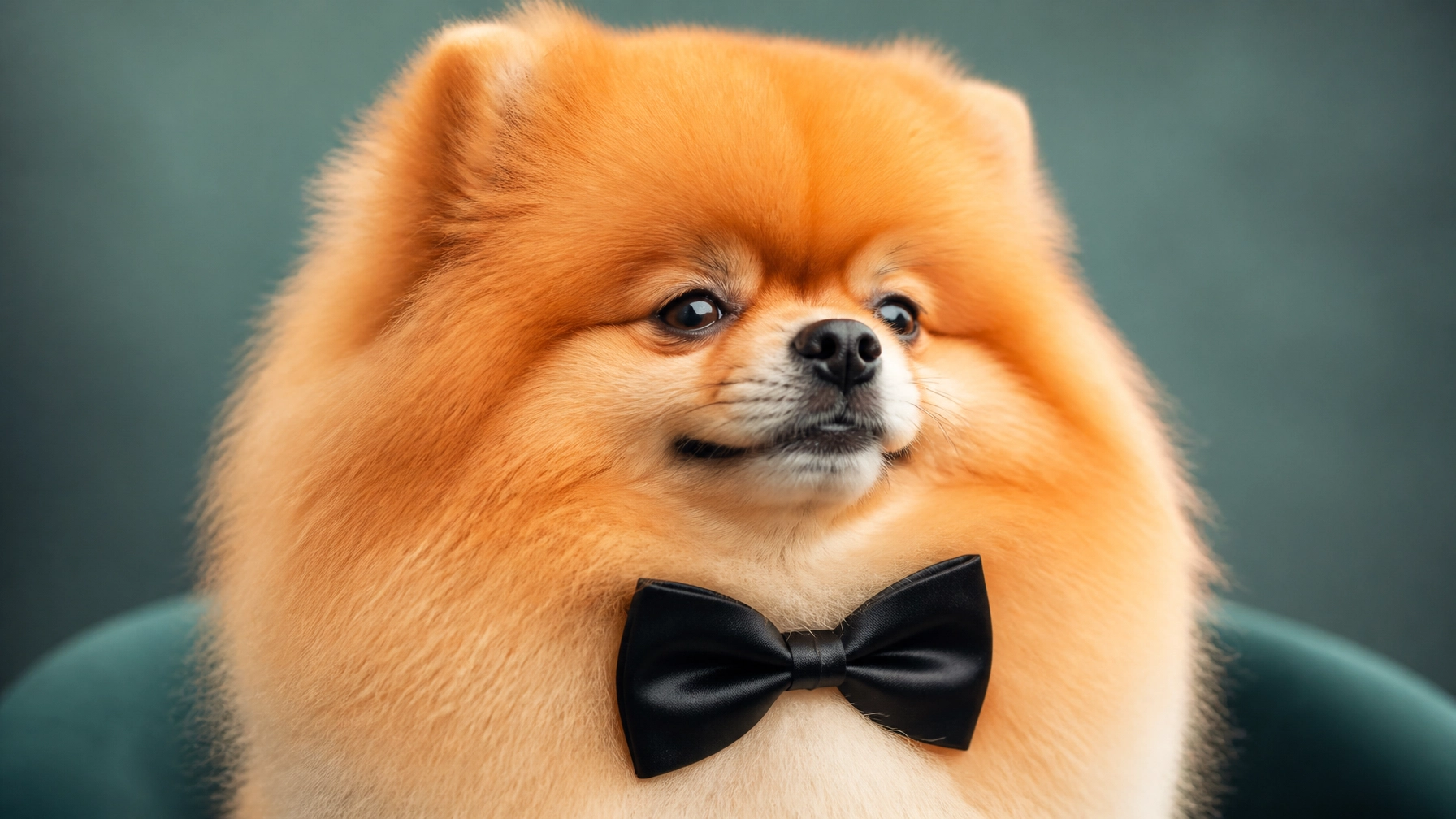 A proud Pomeranian with a perfectly coiffed mane and a tiny bowtie