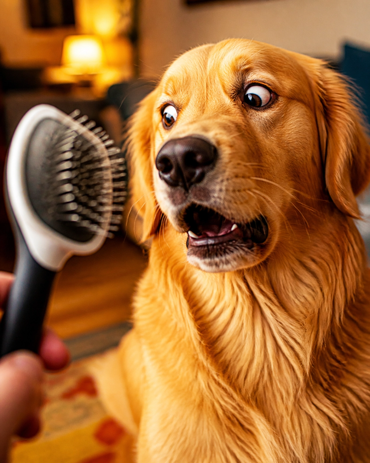 A golden retriever looking at a dog brush with a look of mock horror and betrayal