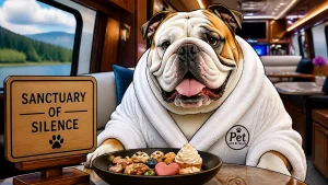 A Bulldog in a white bathrobe sitting at a table with a Sanctuary of Silence sign