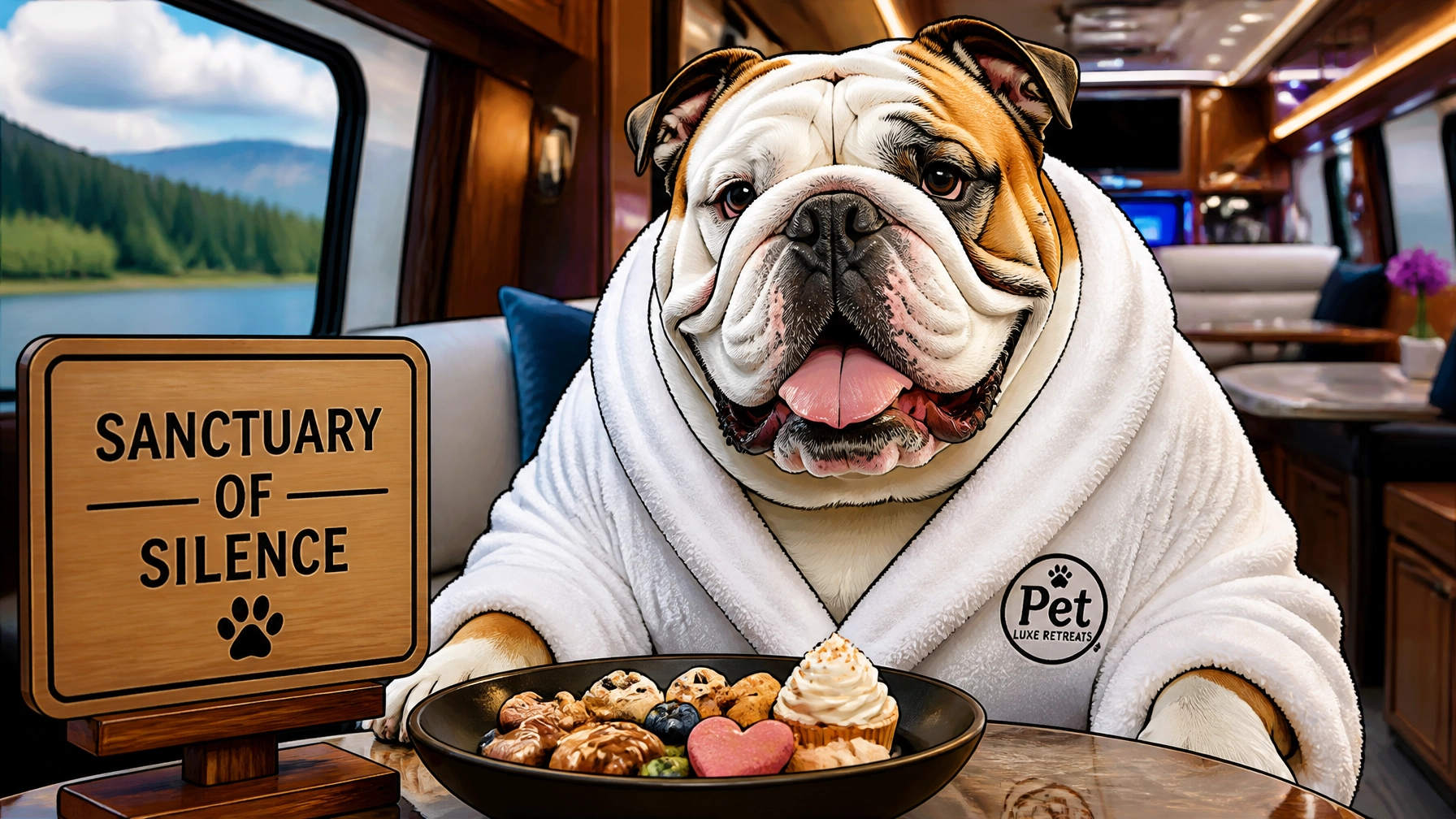A Bulldog in a white bathrobe sitting at a table with a Sanctuary of Silence sign