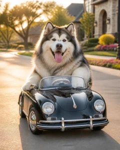A large Alaskan Malamute in a tiny toy car, illustrating the fun and quirky side of dog ownership in McKinney