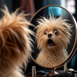 A dog with wild, messy fur looking shocked at its own reflection, with hilarious wide eyes and chaotic fluff. High-quality, humorous portrait with strong personality and polished visual style.