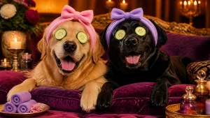 A joyful Golden Retriever and a happy black Labrador relaxing together on luxurious velvet cushions