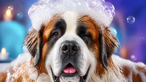 A giant Saint Bernard dog winking at the camera while covered in fluffy white soap suds.