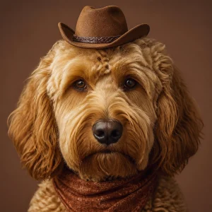 A humorous high-end portrait of a doodle wearing a tiny cowboy hat and looking extremely serious, like it has important ranch business to discuss.