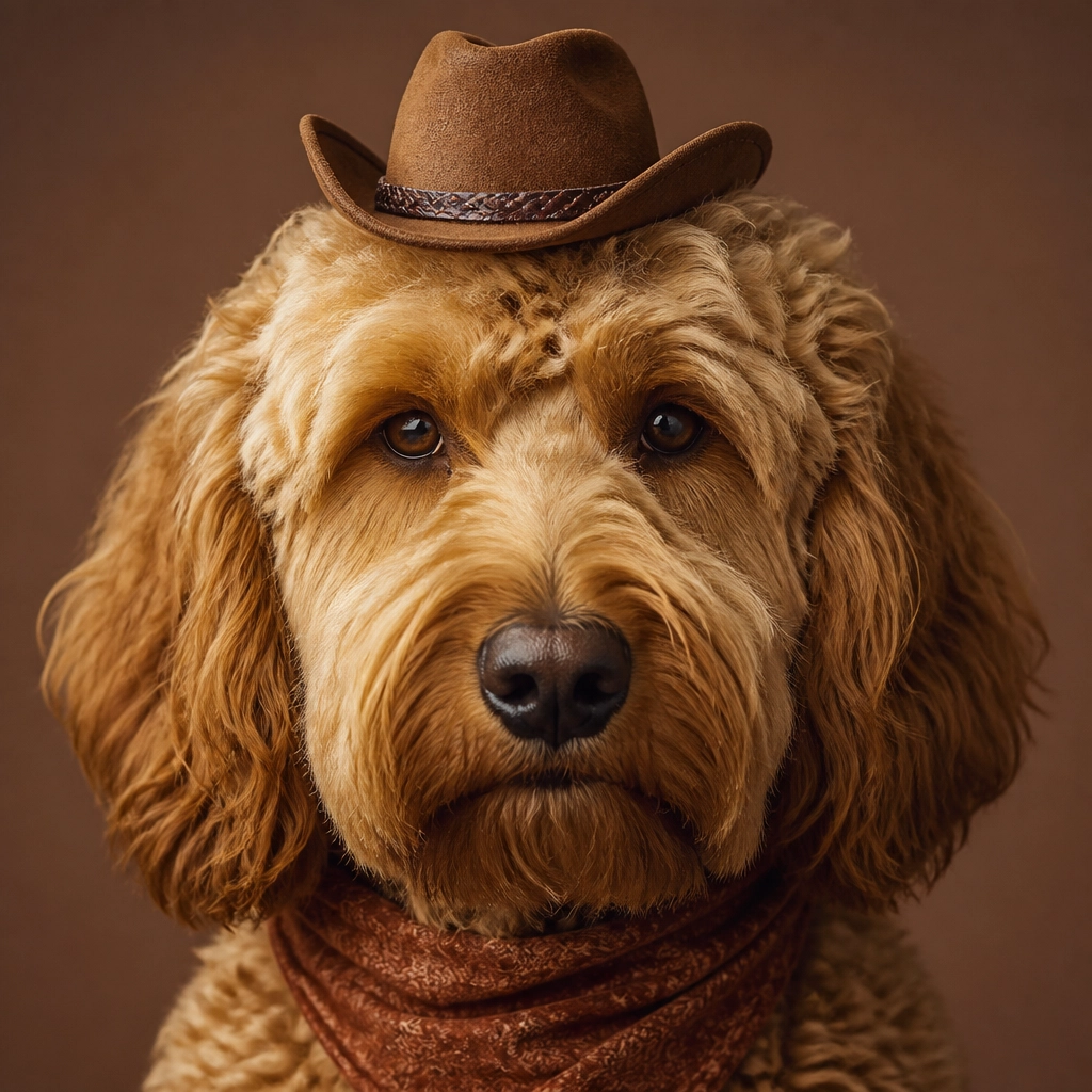 A humorous high-end portrait of a doodle wearing a tiny cowboy hat and looking extremely serious, like it has important ranch business to discuss.