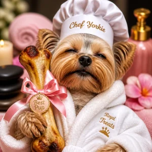 A senior dog in a chef hat looking proud, a McKinney mobile dog groomer