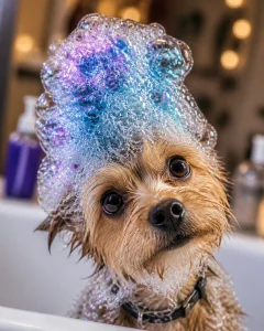 A small Terrier dog with a massive mohawk made of soap bubbles on its head