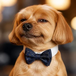 A smug-looking dog wearing a tiny bow tie after a fresh groom, posing proudly with a polished coat and cheeky expression. Funny, premium portrait with charm, humor, and high-end grooming energy.