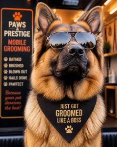 A funny, eye-catching close-up portrait of a large German Shepherd wearing stylish oversized sunglasses, looking extremely proud and fluffy after a professional mobile grooming session.