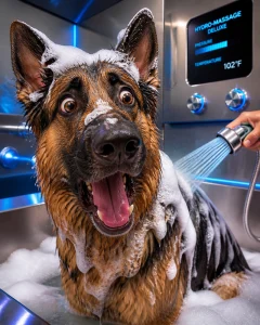 A large German Shepherd getting a hydromassage in a luxury tub, looking surprised and happy